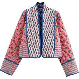 Women’s Red Cropped Puffer Jacket Floral Quilted Lightweight Padded Coat